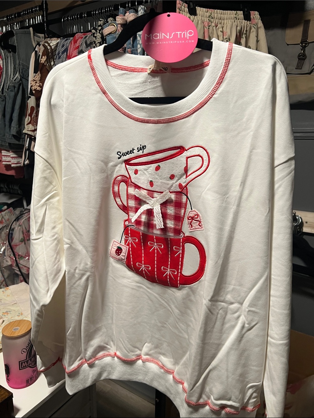Main Strip White Sweatshirt with Red Stacked Tea Cup Appliqué